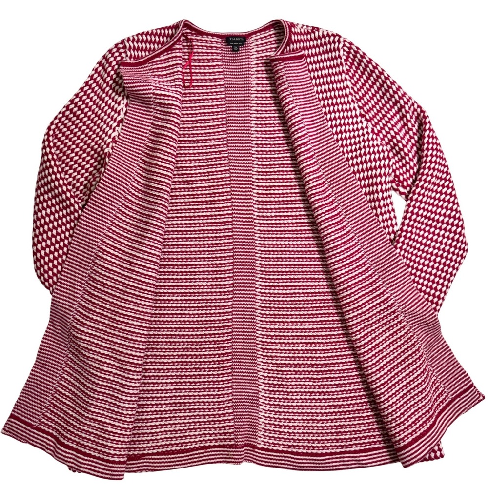 Talbots Longline Cardigan XL Red White Geometric Merino Wool Open Front Long - Picture 5 of 6